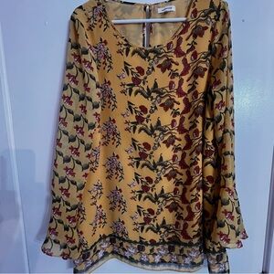Max Studio Sheer Lined Yellow Floral Flare Sleeve Blouse Lightweight Large